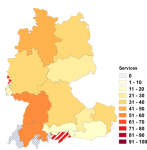 Relative Auftretenshäufigkeit von Services innerhalb der einzelnen Sprachregionen im Verhältnis zu Service (in %)