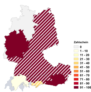 Relative Auftretenshäufigkeit von Zahlschein innerhalb der einzelnen Areale im Verhältnis zu Einzahlungsschein (in %)