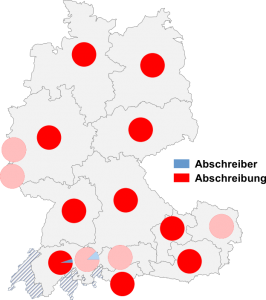 Relative Auftretenshäufigkeit von Abschreiber / Abschreibung innerhalb der einzelnen Areale