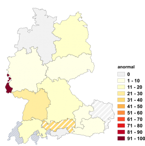 Relative Auftretenshäufigkeit von anormal innerhalb der einzelnen Areale im Verhältnis zu abnorm, abnormal und unnormal (in %)
