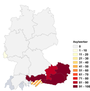 Relative Auftretenshäufigkeit von Asylwerber innerhalb der einzelnen Areale im Verhältnis zu Asylbewerber (in %)