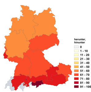 Relative Auftretenshäufigkeit von herunter, hinunter innerhalb der einzelnen Areale im Verhältnis zu runter (in %)