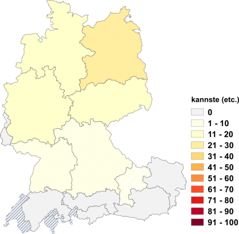 Relative Auftretenshäufigkeit von kannste innerhalb der einzelnen Areale im Verhältnis zum Gesamtvorkommen in allen Arealen (in %)