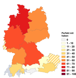 Relative Auftretenshäufigkeit von Perfekt mit haben innerhalb der einzelnen Areale im Verhältnis zu Perfekt mit sein (in %)