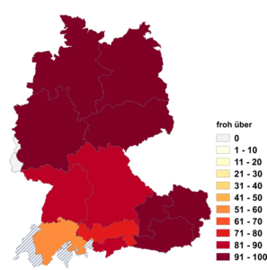 Relative Auftretenshäufigkeit von froh über innerhalb der einzelnen Areale im Verhältnis zu froh um (in %)