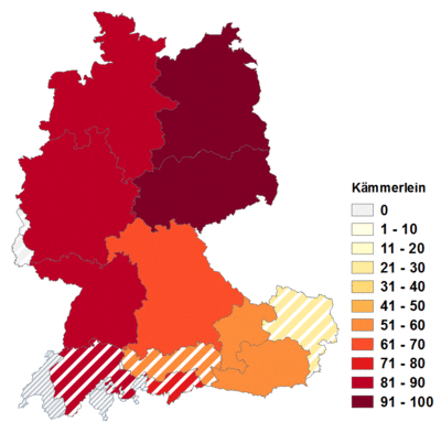 Relative Auftretenshäufigkeit von Kämmerlein innerhalb der einzelnen Areale im Verhältnis zu Kämmerchen und Kammerl (in %)