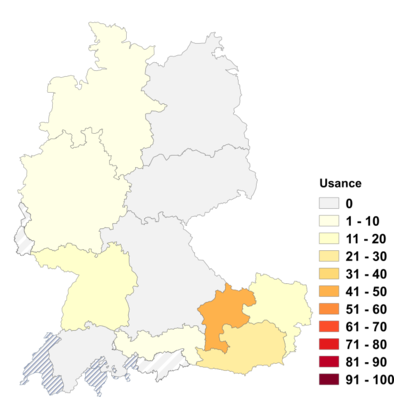 Relative Auftretenshäufigkeit von Usance innerhalb der einzelnen Areale im Verhältnis zu Usanz und Usus (in %)