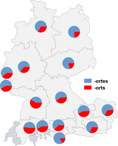 Relative Auftretenshäufigkeit von -ortes / -orts innerhalb der einzelnen Areale