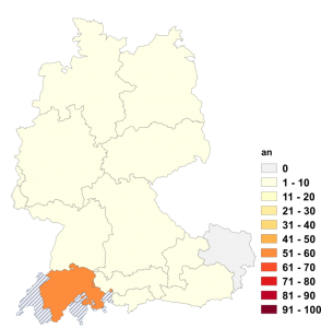 Relative Auftretenshäufigkeit von an innerhalb der einzelnen Areale im Verhältnis zu in (in %)