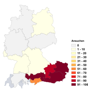 Relative Auftretenshäufigkeit von Ansuchen innerhalb der einzelnen Areale im Verhältnis zu Gesuch (in %)