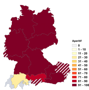 Relative Auftretenshäufigkeit von Aperitif innerhalb der einzelnen Areale im Verhältnis zu Apéro (in %)