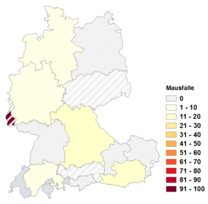 Relative Auftretenshäufigkeit von Mausfalle innerhalb der einzelnen Areale im Verhältnis zu Mausefalle (in %)