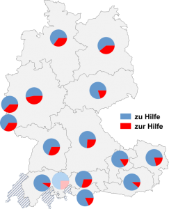 Relative Auftretenshäufigkeit von zu Hilfe / zur Hilfe innerhalb der einzelnen Areale