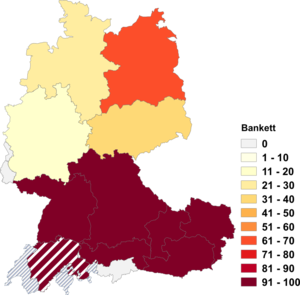 Relative Auftretenshäufigkeit von Bankett innerhalb der einzelnen Areale im Verhältnis zu Bankette (in %)