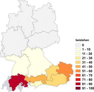 Relative Auftretenshäufigkeit von beiziehen innerhalb der einzelnen Areale im Verhältnis zu heranziehen und hinzuziehen (in %)