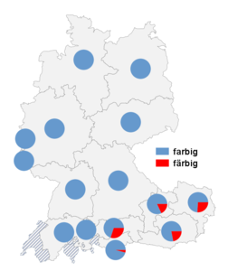 Relative Auftretenshäufigkeit von farbig / färbig innerhalb der einzelnen Areale