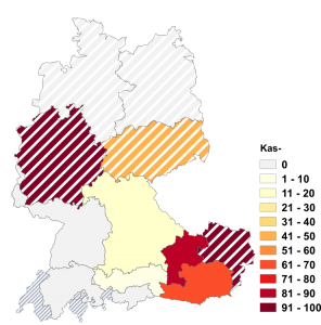 Relative Auftretenshäufigkeit von Kas- innerhalb der einzelnen Areale im Verhältnis zu Käs- (in %)