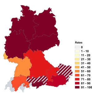 Relative Auftretenshäufigkeit von Rates innerhalb der einzelnen Areale im Verhältnis zu Rats (in %)