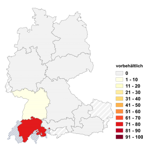 Relative Auftretenshäufigkeit von vorbehältlich innerhalb der einzelnen Areale im Verhältnis zu vorbehaltlich (in %)