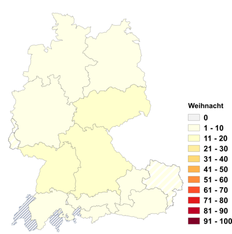 Relative Auftretenshäufigkeit von Weihnacht innerhalb der einzelnen Areale im Verhältnis zum Gesamtvorkommen in allen Arealen (in %)