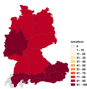 Relative Auftretenshäufigkeit von betreffend innerhalb der einzelnen Areale im Verhältnis zu betreffs (in %)