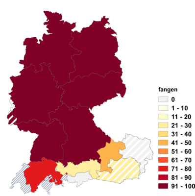 Relative Auftretenshäufigkeit von fangen innerhalb der einzelnen Areale im Verhältnis zu auffangen und erfangen (in %)