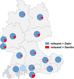 Relative Auftretenshäufigkeit von mitsamt + Dativ / mitsamt + Genitiv innerhalb der einzelnen Areale