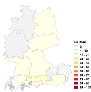 Relative Auftretenshäufigkeit von der Radio innerhalb der einzelnen Areale im Verhältnis zu das Radio (in %)