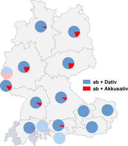 Relative Auftretenshäufigkeit von ab + Dativ / ab + Akkusativ innerhalb der einzelnen Areale