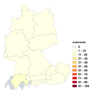 Relative Auftretenshäufigkeit von anderseits innerhalb der einzelnen Areale im Verhältnis zu andererseits (in %)