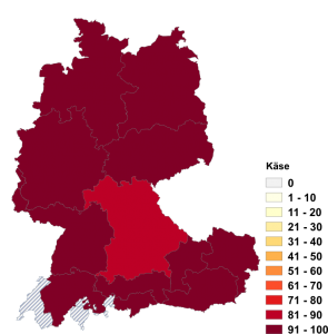 Relative Auftretenshäufigkeit von Käse innerhalb der einzelnen Areale im Verhältnis zu Käs (in %)