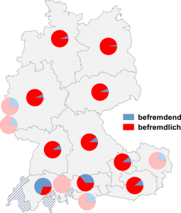 Relative Auftretenshäufigkeit von befremdend / befremdlich innerhalb der einzelnen Areale