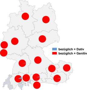 Relative Auftretenshäufigkeit von bezüglich + Dativ / bezüglich + Genitiv innerhalb der einzelnen Areale