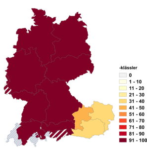 Relative Auftretenshäufigkeit von -klässler innerhalb der einzelnen Areale im Verhältnis zu -klassler (in %)