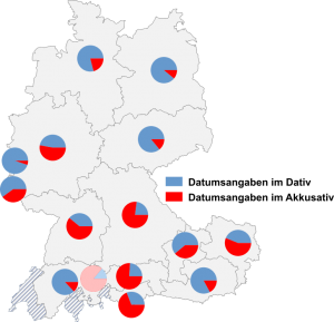 Relative Auftretenshäufigkeit von Datumsangaben nach am, vom, zum im Dativ / Datumsangaben nach am, vom, zum im Akkusativ innerhalb der einzelnen Areale