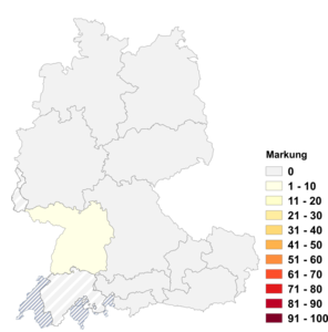 Relative Auftretenshäufigkeit von Markung innerhalb der einzelnen Areale im Verhältnis zu Gemarkung (in %)