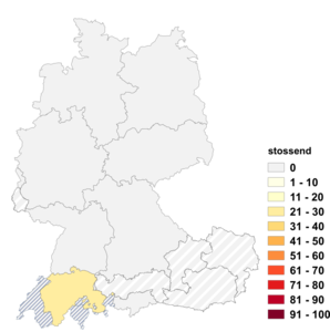 Relative Auftretenshäufigkeit von stossend innerhalb der einzelnen Areale im Verhältnis zu anstößig (in %)