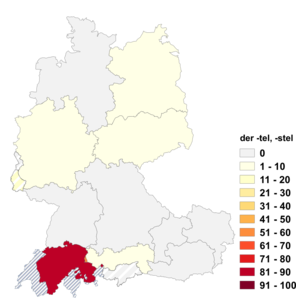 Relative Auftretenshäufigkeit von der -tel, -stel innerhalb der einzelnen Areale im Verhältnis zu das -tel, -stel (in %)