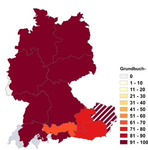 Relative Auftretenshäufigkeit von Grundbuch- innerhalb der einzelnen Areale im Verhältnis zu Grundbuchs- (in %)