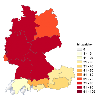 Relative Auftretenshäufigkeit von hinzuziehen innerhalb der einzelnen Areale im Verhältnis zu beiziehen und heranziehen (in %)
