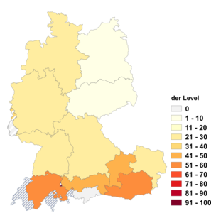 Relative Auftretenshäufigkeit von der Level innerhalb der einzelnen Areale im Verhältnis zu das Level (in %)