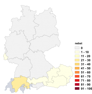Relative Auftretenshäufigkeit von nebst innerhalb der einzelnen Areale im Verhältnis zu neben (in %)
