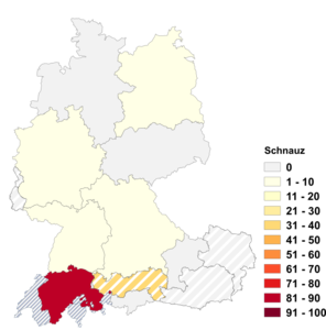 Relative Auftretenshäufigkeit von Schnauz innerhalb der einzelnen Areale im Verhältnis zu Schnauzbart, Schnauzer und Schnäuzer (in %)