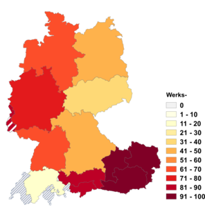 Relative Auftretenshäufigkeit von Werks- innerhalb der einzelnen Areale im Verhältnis zu Werk- (in %)