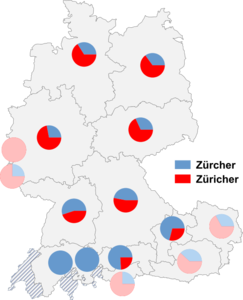 Relative Auftretenshäufigkeit von Zürcher / Züricher innerhalb der einzelnen Areale