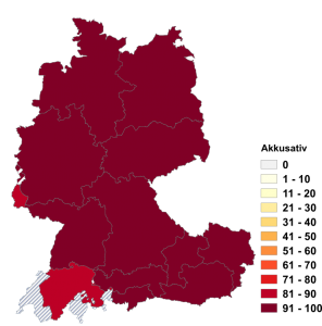 Relative Auftretenshäufigkeit von bedeuten mit Akkusativobjekt innerhalb der einzelnen Areale im Verhältnis zu bedeuten mit prädikativem Nominativ (in %)