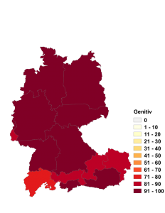 Relative Auftretenshäufigkeit des Genitivs bei bezüglich, dank, entlang, inklusive, mittels, statt, trotz, während und wegen innerhalb der einzelnen Areale im Verhältnis zum Dativ (in %)