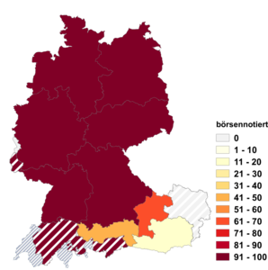 Relative Auftretenshäufigkeit von börsennotiert innerhalb der einzelnen Areale im Verhältnis zu börsenotiert (in %)