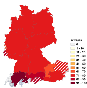 Relative Auftretenshäufigkeit von bewogen innerhalb der einzelnen Areale im Verhältnis zu bewegt (in %)