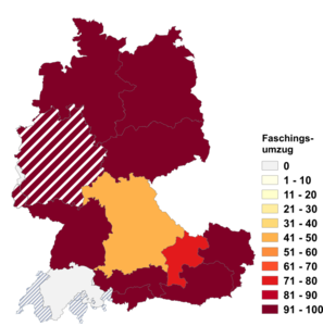 Relative Auftretenshäufigkeit von Faschingsumzug innerhalb der einzelnen Areale im Verhältnis zu Faschingszug (in %)